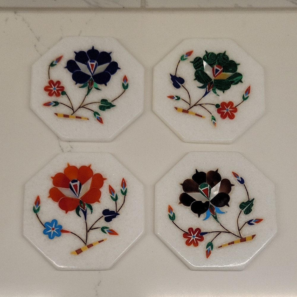 Set Of Four Indian Marble Coasters With Stone Inlay Flower Designs